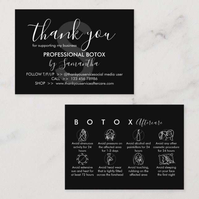 Black Botox Aftercare Instructions Thank You Business Card (Front/Back)
