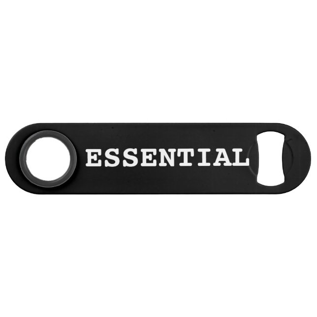 Black Bottle Opener That Says Essential (Front (Horizontal))
