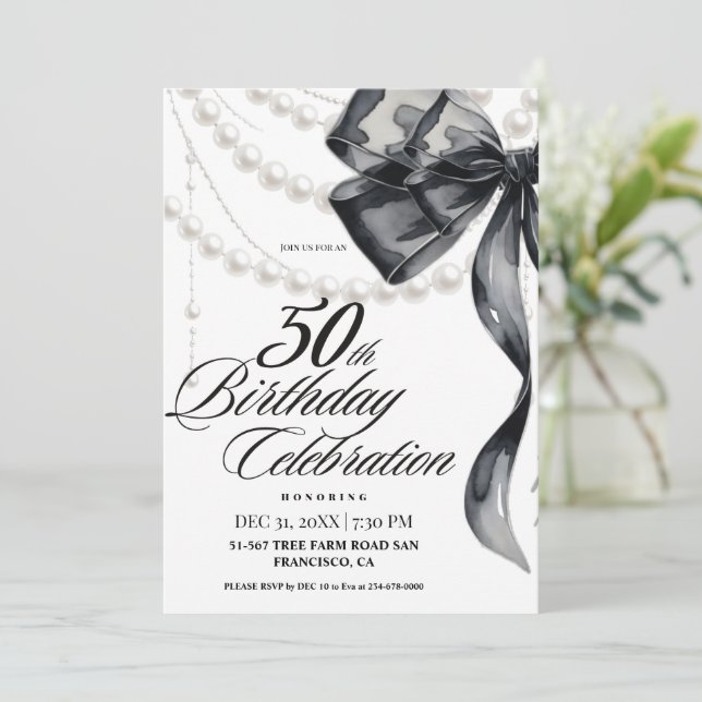  Black Bow 50th Birthday  Invitation (Standing Front)