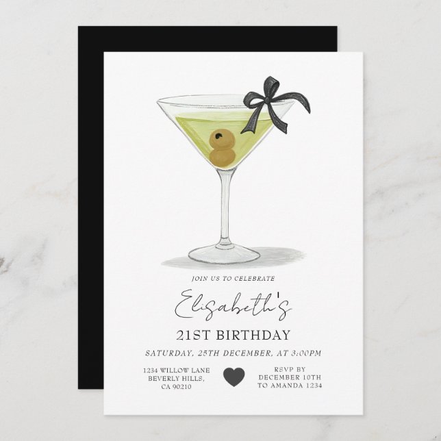 Black Bow A tiny bit older Olive Martini Birthday Invitation (Front/Back)