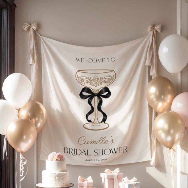 Black Bow and Champagne Bridal Shower Backdrop Tapestry (bows and bubbly welcome backdrop sign
)