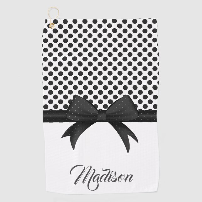 Black Bow and Dots Pattern Golf Towel (Front)