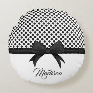 Black Bow and Dots Pattern Round Cushion