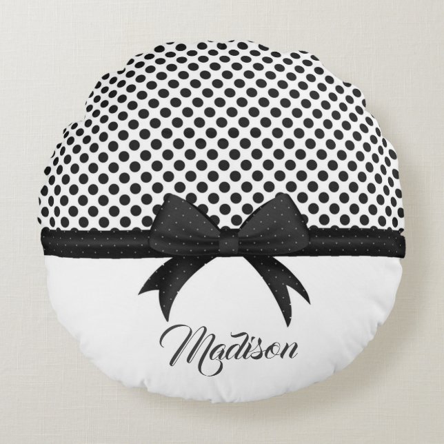 Black Bow and Dots Pattern Round Cushion (Front)