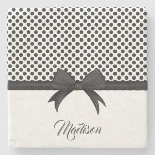 Black Bow and Dots Pattern Stone Coaster