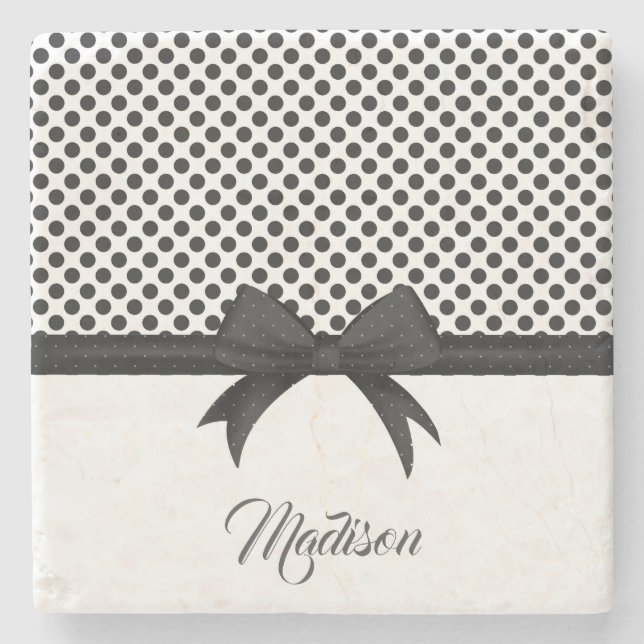 Black Bow and Dots Pattern Stone Coaster (Front)