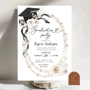 Black Bow and Pearl Boho Coquette Graduation Party Invitation