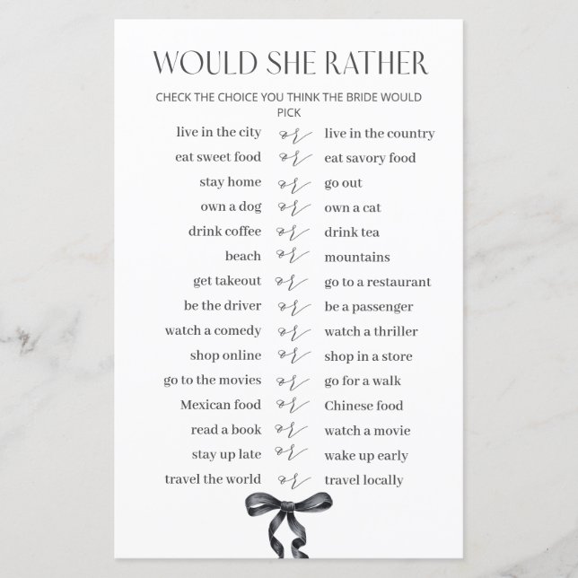 Black Bow Bridal Shower Would She Rather Game (Front)