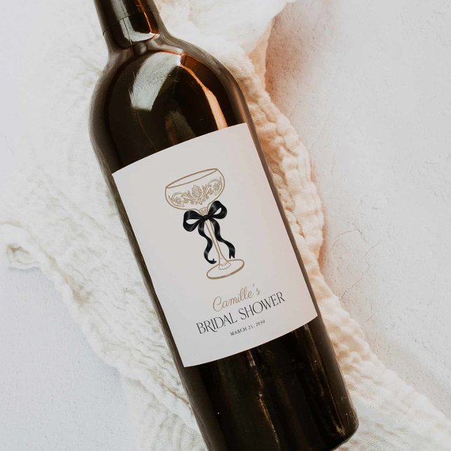 Black Bow Champagne Brunch Wine Label (Black Bow Bridal Shower Wine Bottle Label)