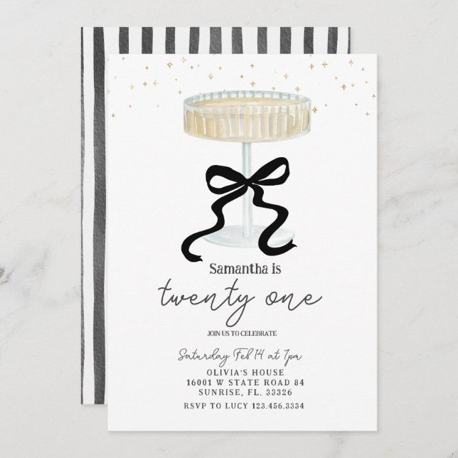 Black Bow Champagne Glass Party Invite (Front/Back)