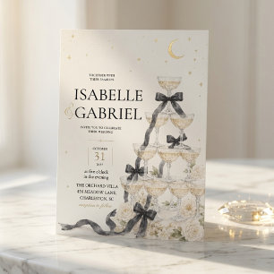 Black Bow Champagne Tower Elegant Invitation
