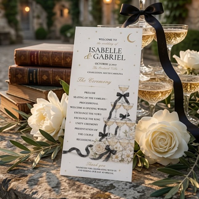 Black Bow Champagne Tower Wedding Program  (Creator Uploaded)
