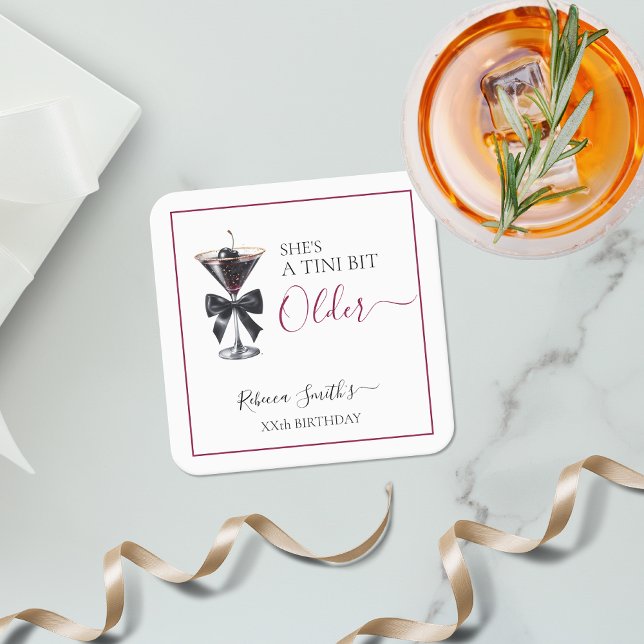 Black Bow Cherry Drink 'A tini bit Older' Birthday Square Paper Coaster (Creator Uploaded)
