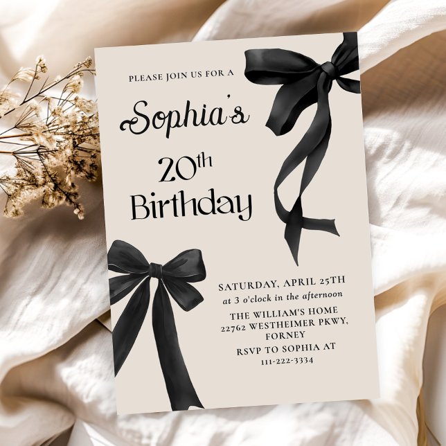 Black Bow Coquette 20th Birthday Party Invitation (Creator Uploaded)