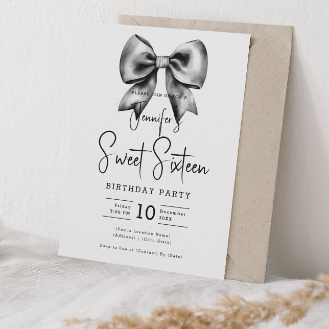 Black Bow Coquette Cute Script Sweet 16 Invitation (Black Bow Coquette Cute Script Sweet 16 Invitation)