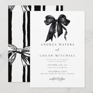 Black Bow Coquette Minimal Black White Wedding Invitation