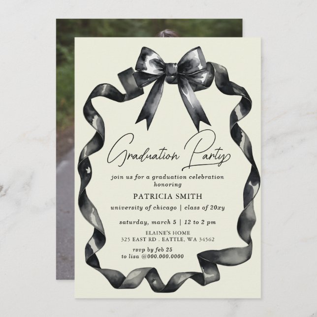 Black Bow Coquette Photo Graduation Party Invitation (Front/Back)