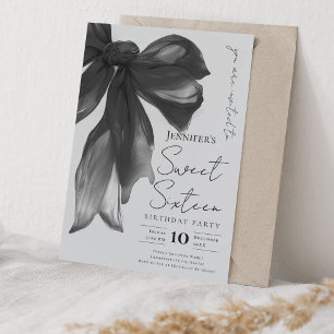 Black Bow Coquette Script Sweet 16 Party Gray  Invitation