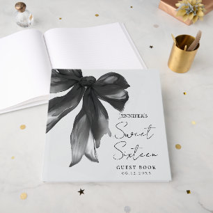 Black Bow Coquette Script Sweet 16 Party Grey  Guest Book
