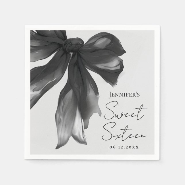 Black Bow Coquette Script Sweet 16 Party Grey  Napkin (Front)