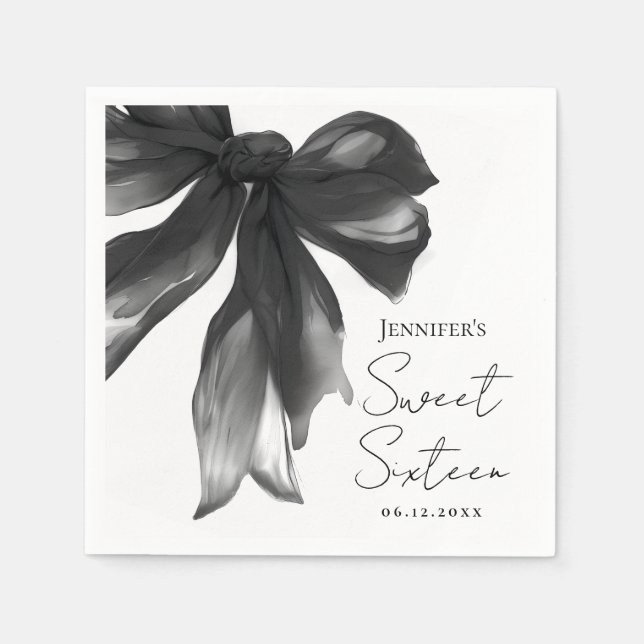 Black Bow Coquette Script Sweet 16 Party Napkin (Front)