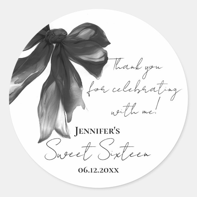 Black Bow Coquette Script Sweet 16 Thank You Classic Round Sticker (Front)