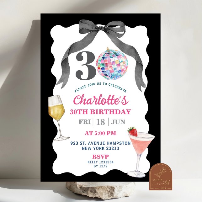 Black Bow Disco Ball Cocktail Thirtieth Birthday Invitation (Creator Uploaded)