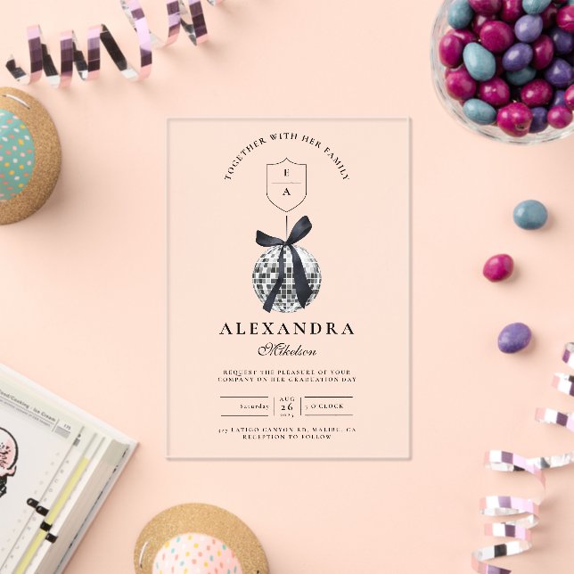 Black Bow Disco Ball Graduation Party  Acrylic Invitations (Insitu (Celebration))