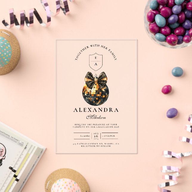Black Bow Disco Ball Graduation Party  Acrylic Invitations (Insitu (Celebration))