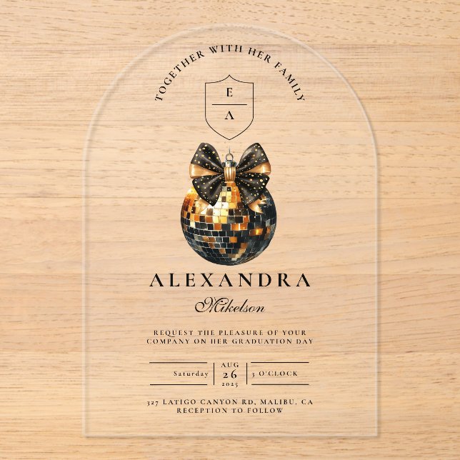 Black Bow Disco Ball Graduation Party  Acrylic Invitations (Front)