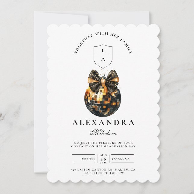 Black Bow Disco Ball Graduation Party  Invitation (Front)