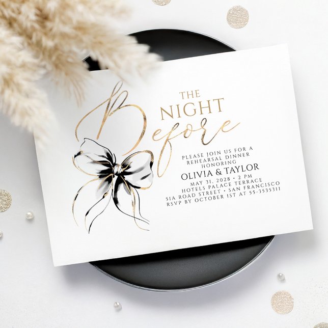 Black Bow Elegant Modern Chic Rehearsal Dinner Invitation (The Night Before Rehearsal Dinner Invitation with Black Bow)