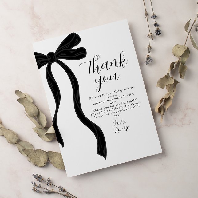 Black Bow First Birthday Coquette Thank You Card (Creator Uploaded)
