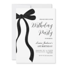 Black Bow First Birthday Party Invitation