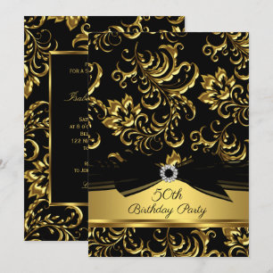 Black bow Gold Damask 50th birthday party Invitation