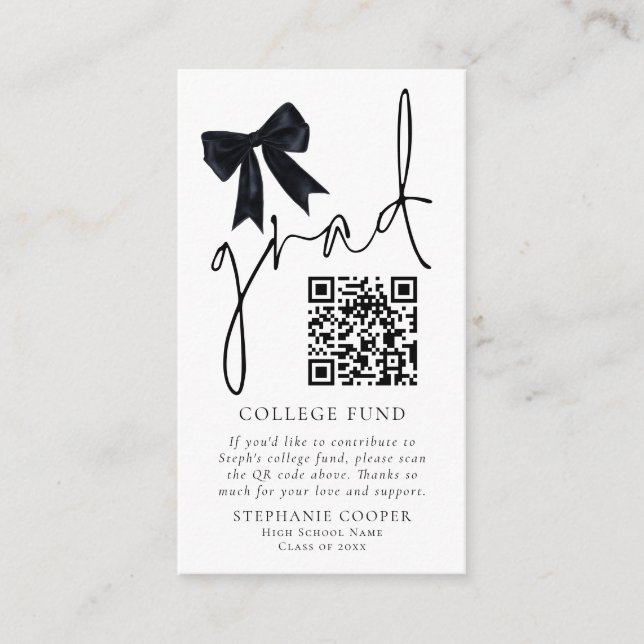Black Bow Grad Graduation QR Code College Fund Enclosure Card (Front)