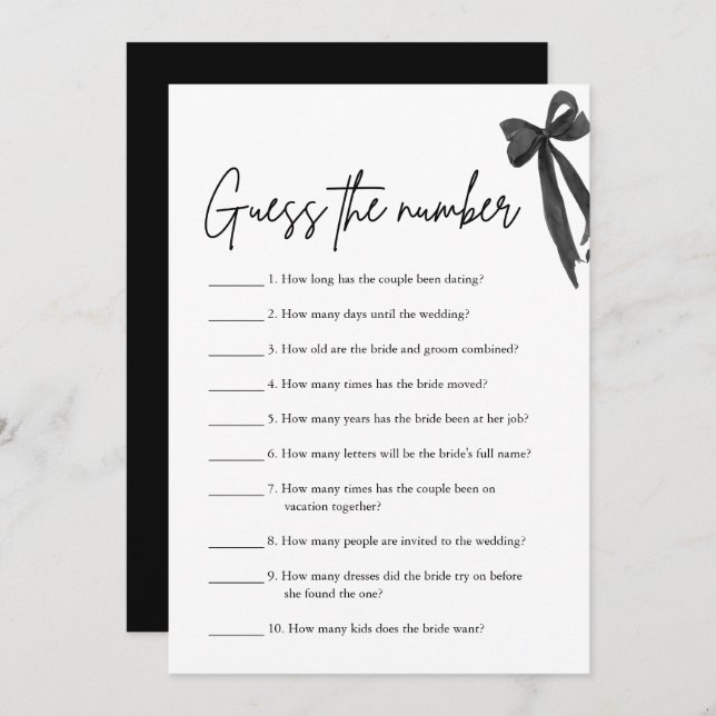 Black Bow Guess the Number Bridal Shower Game Invitation (Front/Back)