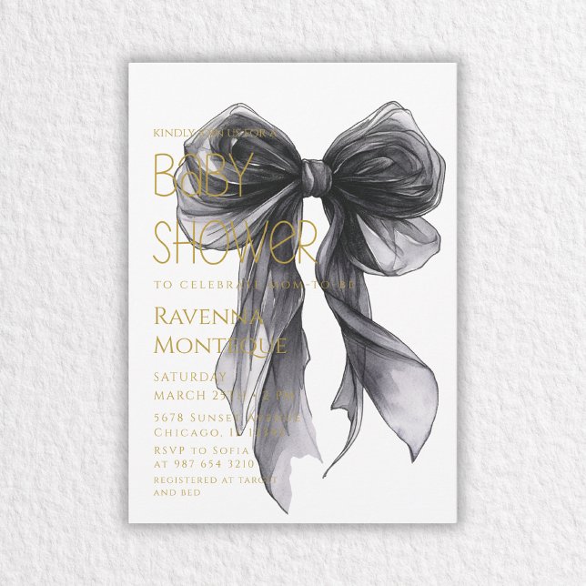 Black Bow Minimal Elegant Personalised Baby Shower Invitation (Creator Uploaded)