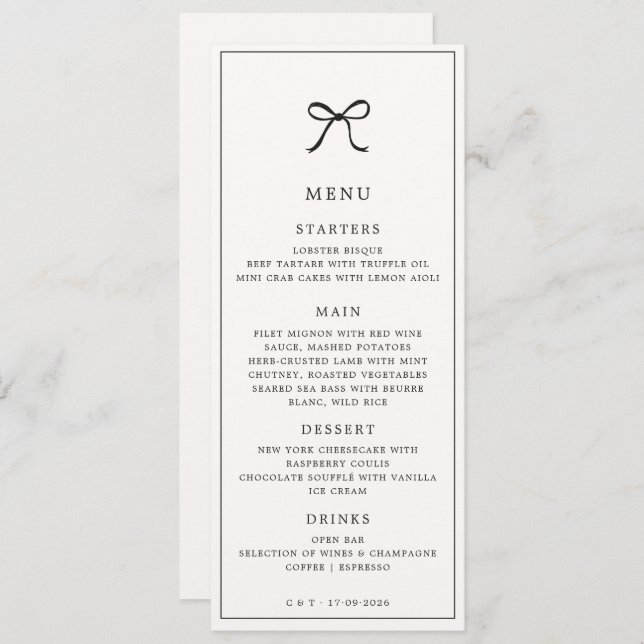 Black Bow Minimalist Elegant Wedding Menu (Front/Back)
