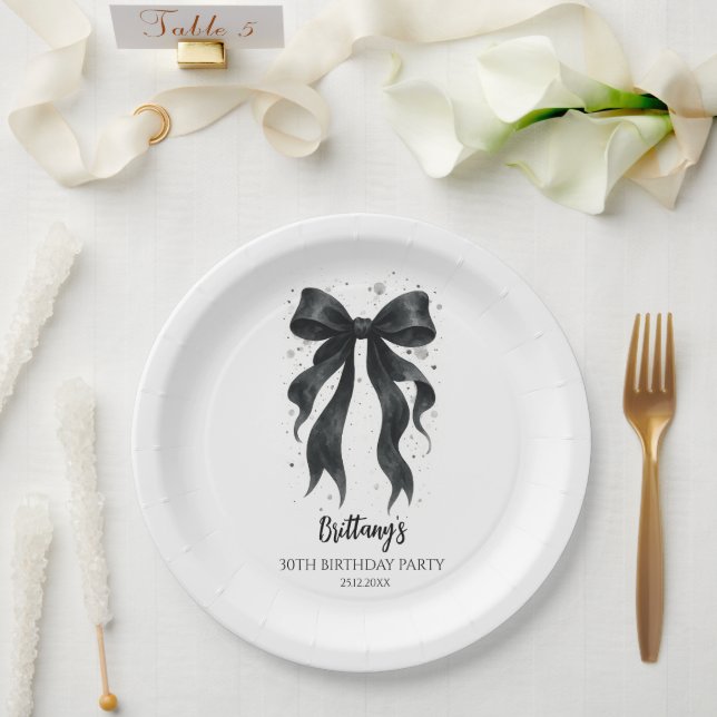 Black Bow Modern 30th Birthday  Paper Plate (Wedding)