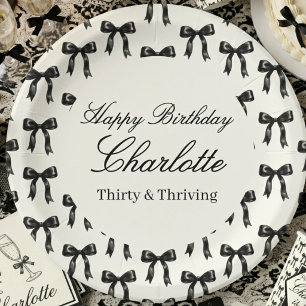 Black Bow Pattern Birthday Black and White Vintage Paper Plate