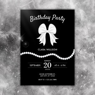 Black bow pearl birthday  invitation