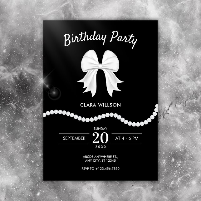 Black bow pearl birthday  invitation (Creator Uploaded)