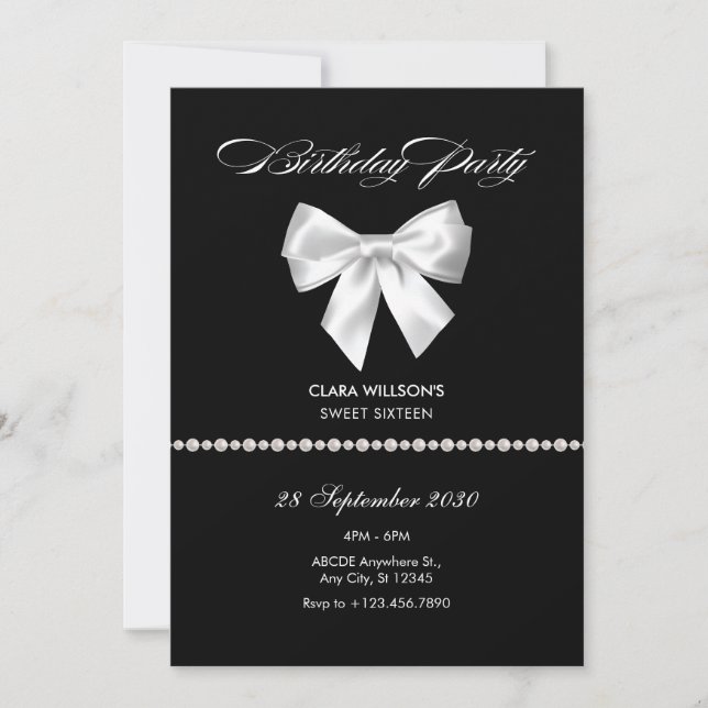 Black bow pearl birthday  invitation (Front)
