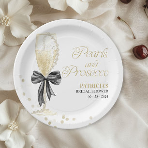 Black Bow Pearls And Prosecco Bridal Shower Paper Plate