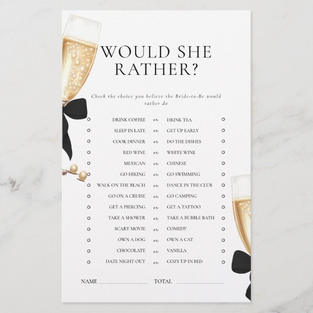 Black Bow Pearls & Prosecco Bridal Shower Game Stationery (Front)