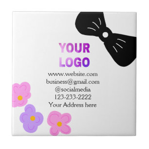 Black bow pink purple floral add logo biz details  ceramic tile