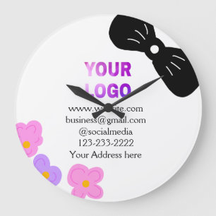 Black bow pink purple floral add logo biz details  large clock