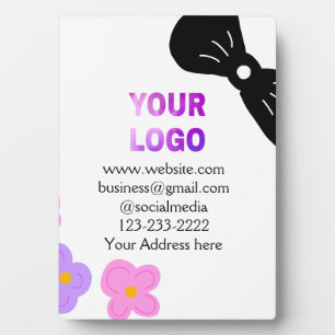 Black bow pink purple floral add logo biz details plaque