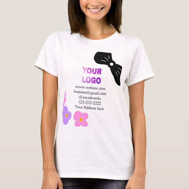 Black bow pink purple floral add logo biz details  T-Shirt (Front)